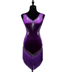 Dance Salsa Latin Dance Dress Fringed Tassel Crystals / Rhinestones Women's Training Performance Sleeveless High Pleuche