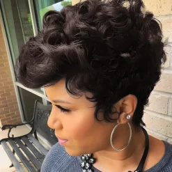 Dark Brown Short Pixie Cut Wigs for Black Women Curly Hair Replacement Short Black Layered Wavy Pixie Wigs With Bangs For Black Women