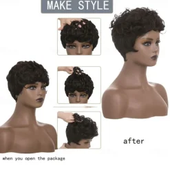 Dark Brown Short Pixie Cut Wigs for Black Women Curly Hair Replacement Short Black Layered Wavy Pixie Wigs With Bangs For Black Women