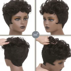 Dark Brown Short Pixie Cut Wigs for Black Women Curly Hair Replacement Short Black Layered Wavy Pixie Wigs With Bangs For Black Women