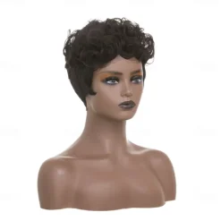 Dark Brown Short Pixie Cut Wigs for Black Women Curly Hair Replacement Short Black Layered Wavy Pixie Wigs With Bangs For Black Women
