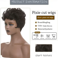 Dark Brown Short Pixie Cut Wigs for Black Women Curly Hair Replacement Short Black Layered Wavy Pixie Wigs With Bangs For Black Women