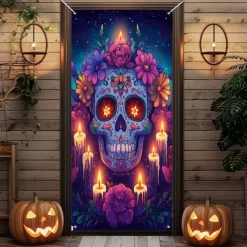 Day of the Dead Banners Door Cover Outdoor Banners Skeleton Marigold Psychedelic Dark Punk Gothic Style Party Outdoor Shooting Backgrounds Front Door Wall Porch Decorations Wall Door Background