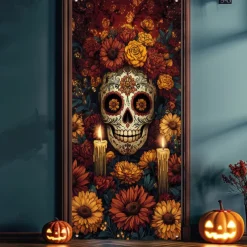Day of the Dead Banners Door Cover Outdoor Banners Skeleton Marigold Psychedelic Dark Punk Gothic Style Party Outdoor Shooting Backgrounds Front Door Wall Porch Decorations Wall Door Background