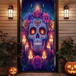 Day of the Dead Banners Door Cover Outdoor Banners Skeleton Marigold Psychedelic Dark Punk Gothic Style Party Outdoor Shooting Backgrounds Front Door Wall Porch Decorations Wall Door Background