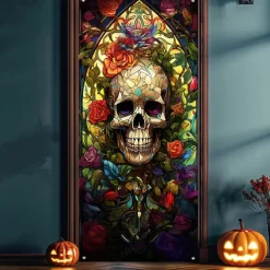 Day of the Dead Banners Door Cover Outdoor Banners Skeleton Marigold Psychedelic Dark Punk Gothic Style Party Outdoor Shooting Backgrounds Front Door Wall Porch Decorations Wall Door Background