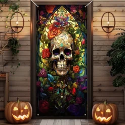 Day of the Dead Banners Door Cover Outdoor Banners Skeleton Marigold Psychedelic Dark Punk Gothic Style Party Outdoor Shooting Backgrounds Front Door Wall Porch Decorations Wall Door Background