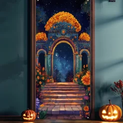 Day of the Dead Door Cover Outdoor Banners Skeleton Marigold Mexico Psychedelic Party Outdoor Shooting Backgrounds Front Door Wall Porch Decorations Wall Door Background