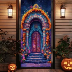 Day of the Dead Door Cover Outdoor Banners Skeleton Marigold Mexico Psychedelic Party Outdoor Shooting Backgrounds Front Door Wall Porch Decorations Wall Door Background