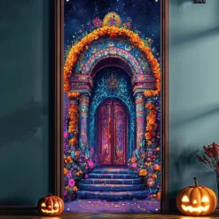 Day of the Dead Door Cover Outdoor Banners Skeleton Marigold Mexico Psychedelic Party Outdoor Shooting Backgrounds Front Door Wall Porch Decorations Wall Door Background