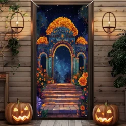 Day of the Dead Door Cover Outdoor Banners Skeleton Marigold Mexico Psychedelic Party Outdoor Shooting Backgrounds Front Door Wall Porch Decorations Wall Door Background