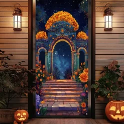 Day of the Dead Door Cover Outdoor Banners Skeleton Marigold Mexico Psychedelic Party Outdoor Shooting Backgrounds Front Door Wall Porch Decorations Wall Door Background