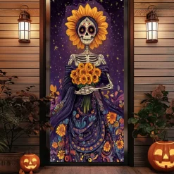 Day of the Dead Door Cover Outdoor Banners Skeleton Marigold Mexico Psychedelic Party Outdoor Shooting Backgrounds Front Door Wall Porch Decorations Wall Door Background