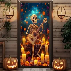 Day of the Dead Door Cover Outdoor Banners Skeleton Marigold Mexico Psychedelic Party Outdoor Shooting Backgrounds Front Door Wall Porch Decorations Wall Door Background