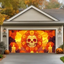 Day of the Dead Garage Door Cover Large Hanging Backdrop Skeleton Marigold Mexico Dark Punk Gothic Style Party Outdoor Shooting Backgrounds Front Door Decorations Wall Door Background