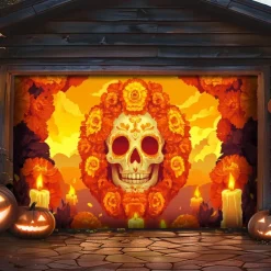 Day of the Dead Garage Door Cover Large Hanging Backdrop Skeleton Marigold Mexico Dark Punk Gothic Style Party Outdoor Shooting Backgrounds Front Door Decorations Wall Door Background