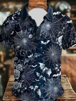 Day of the Dead Men's Bat Skulls Polo Short Sleeve Polo Shirts Collared Shirts Vintage Casual Dark Athleisure Daily Wear Festival Outfit Buttons Summer Black Dark Blue Gray