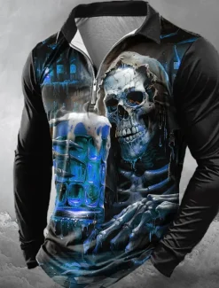 Day of the Dead Men's Oktoberfest Beer Skulls Zip Polo Shirts Long Sleeve Polo Shirts Lapel Casual Horror Dark Outdoor Festival Outfit 3D Print Spring Fall Winter Black Red Blue