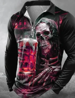 Day of the Dead Men's Oktoberfest Beer Skulls Zip Polo Shirts Long Sleeve Polo Shirts Lapel Casual Horror Dark Outdoor Festival Outfit 3D Print Spring Fall Winter Black Red Blue