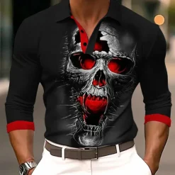 Day of the Dead Men's Polo Shirts Golf Shirt Long Sleeve Polo Shirts Collared Shirts Horror Streetwear Festival Wear Party Outfits 3D Print Buttons Fall & Winter Black