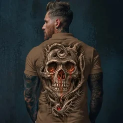 Day of the Dead Men's Polo Shirts Golf Shirt Short Sleeve Polo Shirts Collared Shirts Casual Horror Streetwear Festival Wear Party Outfits 3D Print Buttons Summer Spring Fall Black White Brown