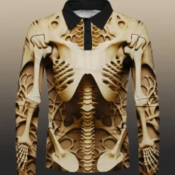 Day of the Dead Men's Polo Shirts Golf Shirt Long Sleeve Polo Shirts Collared Shirts Casual Horror Festival Wear Party Outfits 3D Print Buttons Fall & Winter Yellow Khaki Gray