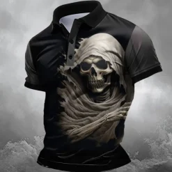Day of the Dead Men's Skull Polo Shirts Golf Shirt Short Sleeve Polo Shirts Collared Shirts Horror Streetwear Festival Wear Party Outfits 3D Print Buttons Summer Spring Black