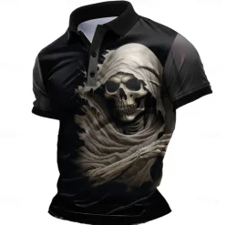 Day of the Dead Men's Skull Polo Shirts Golf Shirt Short Sleeve Polo Shirts Collared Shirts Horror Streetwear Festival Wear Party Outfits 3D Print Buttons Summer Spring Black