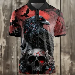 Day of the Dead Men's Skull Golf Shirt Short Sleeve Polo Shirts Collared Shirts Casual Horror Streetwear Festival Wear Party Outfits 3D Print Buttons Summer Black