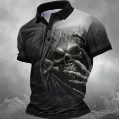 Day of the Dead Men's Skull Polo Shirts Golf Shirt Short Sleeve Polo Shirts Collared Shirts Horror Streetwear Festival Wear Party Outfits 3D Print Buttons Summer Spring Black