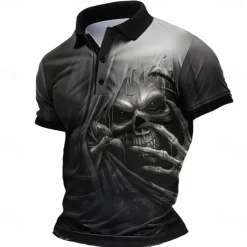 Day of the Dead Men's Skull Polo Shirts Golf Shirt Short Sleeve Polo Shirts Collared Shirts Horror Streetwear Festival Wear Party Outfits 3D Print Buttons Summer Spring Black