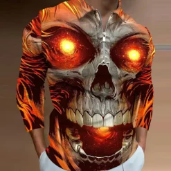 Day of the Dead Men's Skull Zip Polo Shirts Golf Shirt Long Sleeve Polo Shirts Collared Shirts Casual Horror Streetwear Festival Wear Party Outfits 3D Print Quarter Zip Polo Yellow Blue Purple