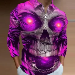Day of the Dead Men's Skull Zip Polo Shirts Golf Shirt Long Sleeve Polo Shirts Collared Shirts Casual Horror Streetwear Festival Wear Party Outfits 3D Print Quarter Zip Polo Yellow Blue Purple