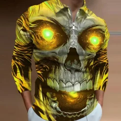 Day of the Dead Men's Skull Zip Polo Shirts Golf Shirt Long Sleeve Polo Shirts Collared Shirts Casual Horror Streetwear Festival Wear Party Outfits 3D Print Quarter Zip Polo Yellow Blue Purple