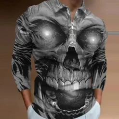 Day of the Dead Men's Skull Zip Polo Shirts Golf Shirt Long Sleeve Polo Shirts Collared Shirts Casual Horror Streetwear Festival Wear Party Outfits 3D Print Quarter Zip Polo Yellow Blue Purple