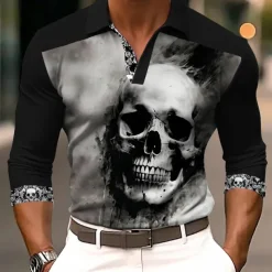 Day of the Dead Men's Skull Polo Shirts Golf Shirt Long Sleeve Polo Shirts Collared Shirts Horror Streetwear Festival Wear Party Outfits 3D Print Buttons Fall & Winter Black