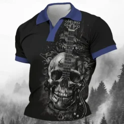 Day of the Dead Men's Skull Guitar Polo Shirts Golf Shirt Short Sleeve Polo Shirts V Neck Horror Streetwear Festival Wear Party Outfits 3D Print Spring & Summer Black