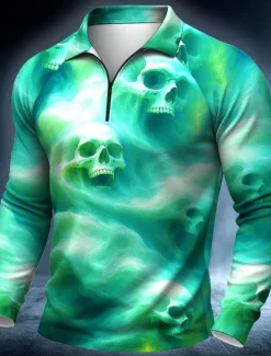 Day of the Dead Men's Skulls Polo Long Sleeve Polo Shirts Casual Dark Outdoor Street Daily Wear 3D Print Quarter Zip Polo Spring Fall Winter Blue Brown Green