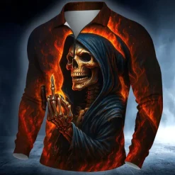Day of the Dead Men's Skulls Polo Long Sleeve Polo Shirts Casual Dark Outdoor Street Daily Wear 3D Print Quarter Zip Polo Spring Fall Winter Red Orange Green