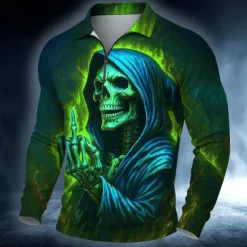 Day of the Dead Men's Skulls Polo Long Sleeve Polo Shirts Casual Dark Outdoor Street Daily Wear 3D Print Quarter Zip Polo Spring Fall Winter Red Orange Green