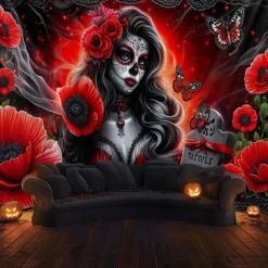 Day of the Dead Skeleton Bride Scene Wall Tapestry Backdrop, Gothic Red Curtain Spooky Decoration for 2025 Halloween Living Room, Bedroom
