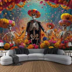 Day of the Dead Tapestry Banners Wall Hangings Skeleton Marigold Mexico Dark Punk Gothic Style Party Dorm Shooting Backgrounds Decorations Wall Door Background