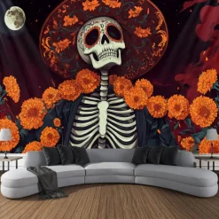 Day of the Dead Tapestry Banners Wall Hangings Skeleton Marigold Mexico Dark Punk Gothic Style Party Dorm Shooting Backgrounds Decorations Wall Door Background