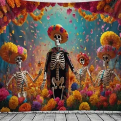 Day of the Dead Tapestry Banners Wall Hangings Skeleton Marigold Mexico Dark Punk Gothic Style Party Dorm Shooting Backgrounds Decorations Wall Door Background