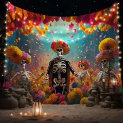 Day of the Dead Tapestry Banners Wall Hangings Skeleton Marigold Mexico Dark Punk Gothic Style Party Dorm Shooting Backgrounds Decorations Wall Door Background