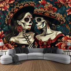 Day of the Dead Tapestry Banners Wall Hangings Skeleton Flower Mexico Dark Punk Gothic Style Party Dorm Shooting Backgrounds Decorations Wall Door Background