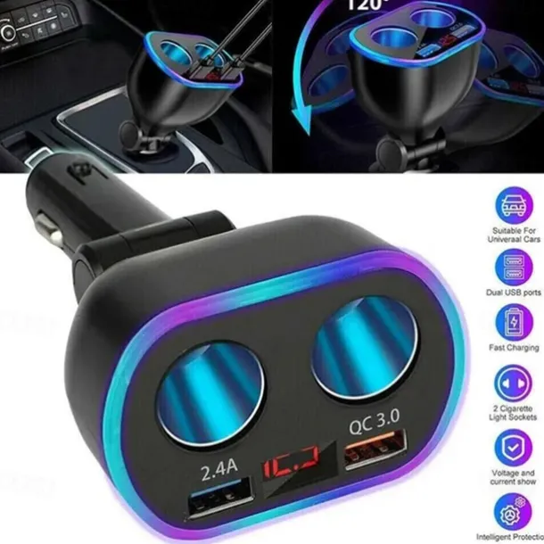 DC 12V LED 2 Way Car Cigarette Lighter Socket Splitter Dual USB Charger Adapter