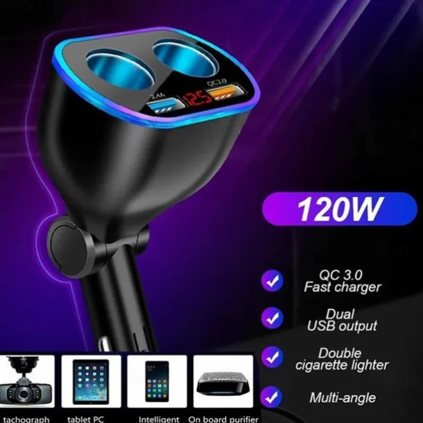 DC 12V LED 2 Way Car Cigarette Lighter Socket Splitter Dual USB Charger Adapter
