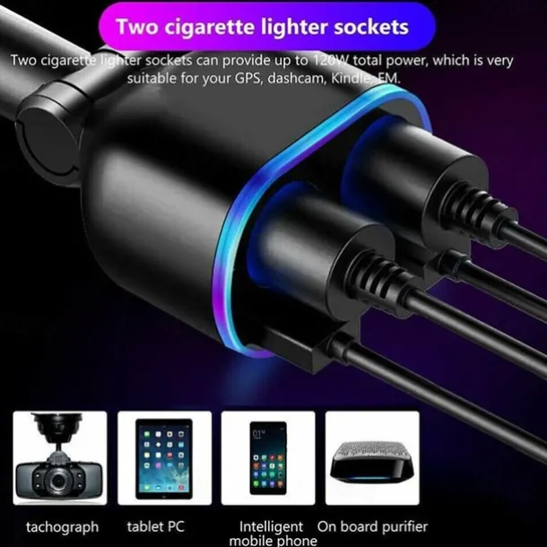 DC 12V LED 2 Way Car Cigarette Lighter Socket Splitter Dual USB Charger Adapter
