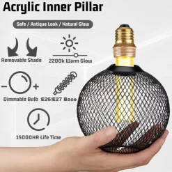 Decorative Light Bulb Black Metal Cage 5W LED Light Bulb White Glass Lampshade 8W E26/E27 LED Light Bulb Base Warm White Edison Decorative Light Bulb Suitable for Home Kitchen and Dining Room